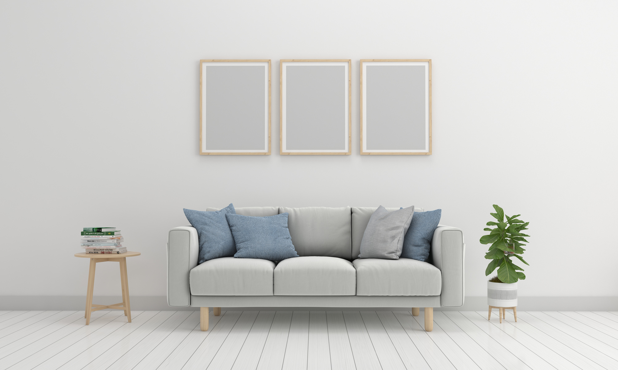 Three Blank Picture Frames Above the Sofa in Living Room